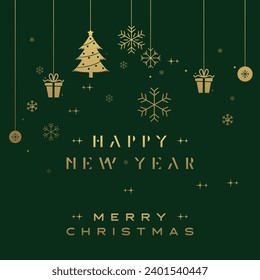 Merry Christmas and Happy New Year Greeting Card christmas tree silhouette with decorations, vector illustration