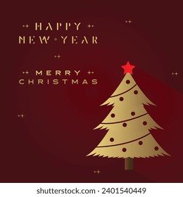 Merry Christmas and Happy New Year Greeting Card christmas tree silhouette with decorations, vector illustration
