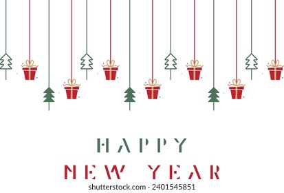 Merry Christmas and Happy New Year Greeting Card christmas tree silhouette with decorations, vector illustration isolated on white background, templat