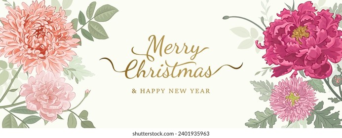Merry Christmas and happy new year web banner or greeting card template with beautiful hand drawn flowers and leaves. Festive background. Vector illustration