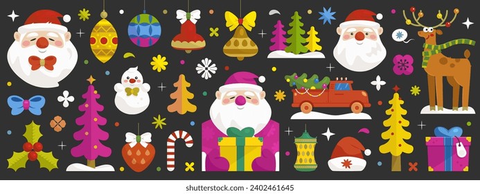 Merry Christmas and happy new year vector element set isolated on black background. Cartoon santa, reindeer, gift box and snowman. Holiday icon collection in simple modern flat style