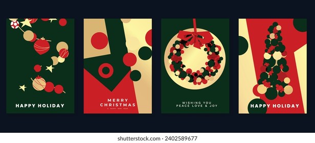 Merry christmas and happy new year card design vector. Element of decorative bauble christmas tree, wreath, ball, geometric shape. Art design for card, poster, cover, banner, decoration.