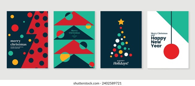 Feliz navidad y feliz vector de diseño de tarjetas de año nuevo. Elementos de bauble decorativo, árbol de navidad, bola, estrella, forma geométrica. Diseño artístico para tarjetas, afiches, portadas, banner, decoración.