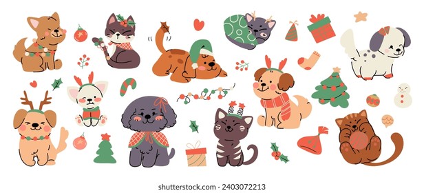 Feliz Navidad y feliz vector de fondo del concepto de año nuevo. Dibujo de un lindo gato y perro con bufanda decorativa, cinta, sombrero. Diseño adecuado para banner, invitación, tarjeta, banner, portada.