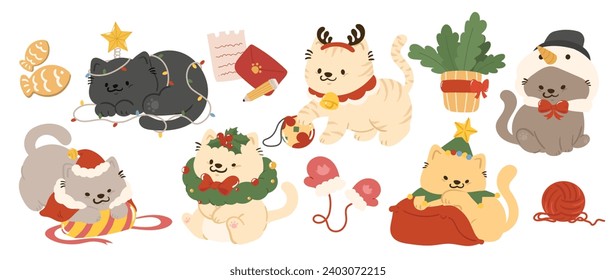 Merry christmas and happy new year concept background vector. Collection drawing of cute cats with decorative scarf, ribbon, hat. Design suitable for banner, invitation, card, greeting, banner, cover.