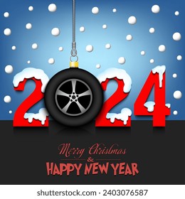 Merry Christmas and Happy New Year. Number 2024 and wheel car as a Christmas decorations hanging on strings amid falling snow on a mirror surface. Pattern for greeting card. Vector illustration