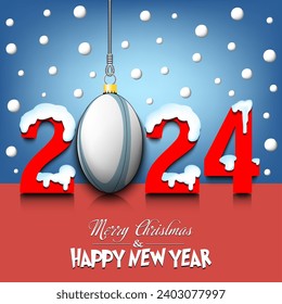Merry Christmas and Happy New Year. Number 2024 and rugby ball as a Christmas decorations hanging on strings amid falling snow on a mirror surface. Pattern for greeting card. Vector illustration