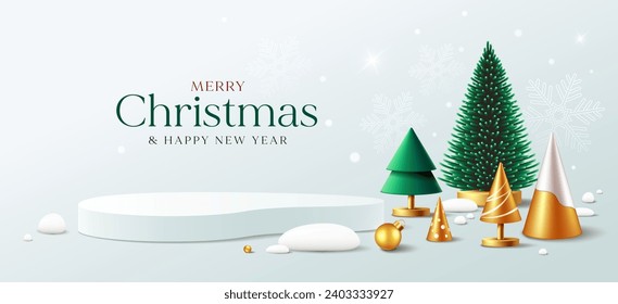 Merry christmas and happy new year, green and gold pine tree, podium display ornaments banners design background, EPS10 vector illustration
