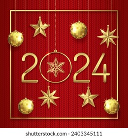 Merry christmas and happy new year 2024 banner template hanging stars golden glitter balls decoration for flyers, poster, web and card vector illustration