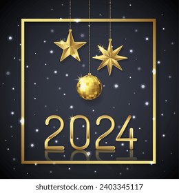 Merry christmas and happy new year 2024 banner template hanging stars golden glitter balls decoration for flyers, poster, web and card vector illustration