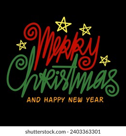 "Merry Christmas and Happy New Year 2024" with star ornament isolated on black background. Red and green. Christmas and new year icon. Vector illustration.