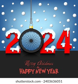Merry Christmas and Happy New Year. Number 2024 and wheel bike as a Christmas decorations hanging on strings amid falling snow on a mirror surface. Pattern for greeting card. Vector illustration