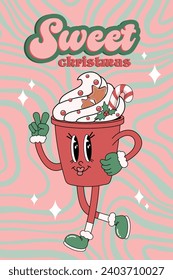 Merry Christmas and Happy New year cartoon character. Comic funky in trendy groovy retro style for print, wrapping paper, web sites, background, social media, blog, presentation and greeting cards.	