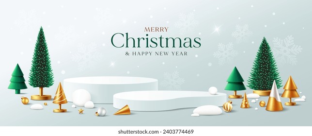 Merry christmas and happy new year 2024, green and gold pine tree, white podium display ornaments banners design on snowflake background, EPS10 vector illustration
