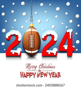 Merry Christmas and Happy New Year. Number 2024 and football ball as a Christmas decorations hanging on strings amid falling snow on a mirror surface. Pattern for greeting card. Vector illustration