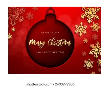 merry christmas and happy new year wishes on dark red ball inside  red and gold snow flake 