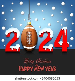 Merry Christmas and Happy New Year. Number 2024 and football ball as a Christmas decorations hanging on strings amid falling snow on a mirror surface. Pattern for greeting card. Vector illustration
