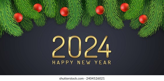 Merry christmas and happy new year 2024 banner template christmas tree, golden glitter balls, hanging stars and ribbons decoration for flyers, poster, web, banner, and card vector illustration