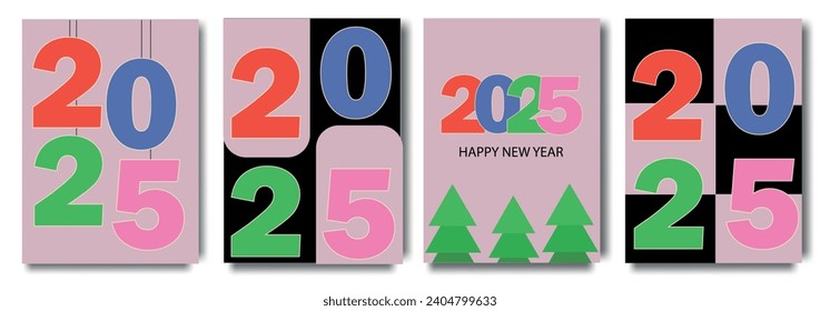 Feliz Navidad y Feliz Año Nuevo banner, tarjeta de saludo, afiche, portada de fiestas, encabezado. Diseño moderno de Navidad en estilo geométrico con patrón triangular, árbol de Navidad, bola, nieve y número 2025 