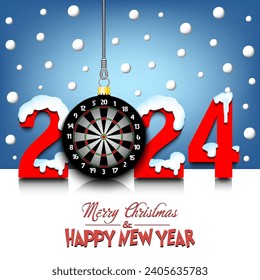 Merry Christmas and Happy New Year. Number 2024 and dartboard as a Christmas decorations hanging on strings amid falling snow on a mirror surface. Pattern for greeting card. Vector illustration