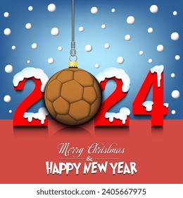 Merry Christmas and Happy New Year. Number 2024 and handball ball as a Christmas decorations hanging on strings amid falling snow on a mirror surface. Pattern for greeting card. Vector illustration