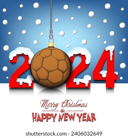 Merry Christmas and Happy New Year. Number 2024 and handball ball as a Christmas decorations hanging on strings amid falling snow on a mirror surface. Pattern for greeting card. Vector illustration