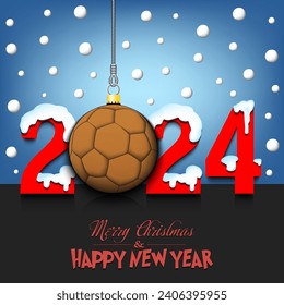 Merry Christmas and Happy New Year. Number 2024 and handball ball as a Christmas decorations hanging on strings amid falling snow on a mirror surface. Pattern for greeting card. Vector illustration