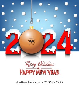 Merry Christmas and Happy New Year. Number 2024 and ping-pong ball as a Christmas decorations hanging on strings amid falling snow on a mirror surface. Pattern for greeting card. Vector illustration