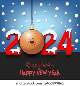 Merry Christmas and Happy New Year. Number 2024 and ping-pong ball as a Christmas decorations hanging on strings amid falling snow on a mirror surface. Pattern for greeting card. Vector illustration