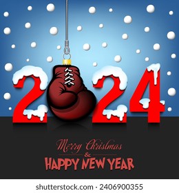 Merry Christmas and Happy New Year. Number 2024 and boxing glove as a Christmas decorations hanging on strings amid falling snow on a mirror surface. Pattern for greeting card. Vector illustration