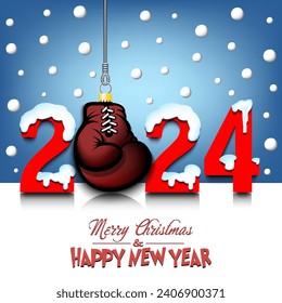 Merry Christmas and Happy New Year. Number 2024 and boxing glove as a Christmas decorations hanging on strings amid falling snow on a mirror surface. Pattern for greeting card. Vector illustration