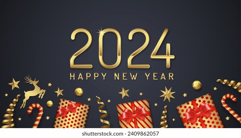 Merry christmas and happy new year 2024 banner template typography, golden glitter balls, stars, ribbons and gifts decoration for flyers, poster, web, poster and card vector illustration