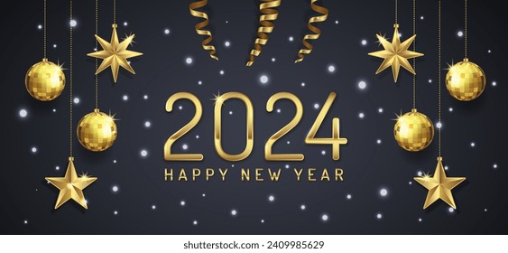 Merry christmas and happy new year 2024 banner template hanging stars, frame and golden glitter balls decoration for flyers, poster, web and card vector illustration