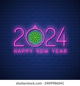 Merry christmas and happy new year 2024 neon banner design template hanging star and glitter balls decoration for neon sign shop, light banner store, bright signboard vector illustration