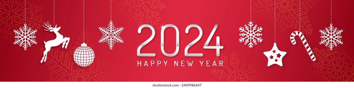 Merry christmas and happy new year 2024 horizontal banner template hanging stars and glitter balls decoration for flyers, poster, web and card vector illustration