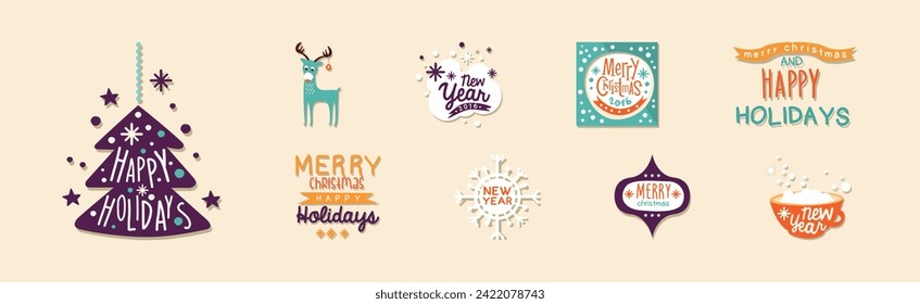 Merry Christmas and Happy New Year Holidays Sticker Vector Set