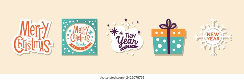 Merry Christmas and Happy New Year Holidays Sticker Vector Set