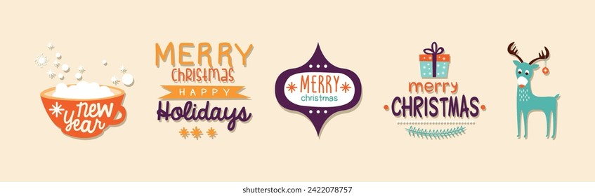 Merry Christmas and Happy New Year Holidays Sticker Vector Set