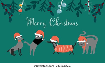 Merry Christmas and Happy New Year Greeting Card Vector illustration. Cute dogs and cat in Christmas pet costume.