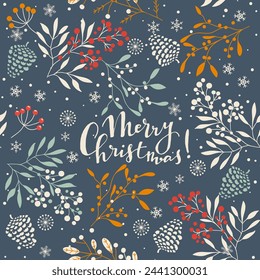 Feliz Navidad, Feliz Año Nuevo tarjeta de felicitación, papel de embalaje con letras. Folleto, plantilla de póster en estilo navideño. Bonito diseño y diseño. Fondo de invierno sin costuras. Ilustración de vector