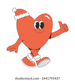Merry Christmas and Happy New year sticker. Playful and cheeky character Heart in trendy groovy style. Vector illustration