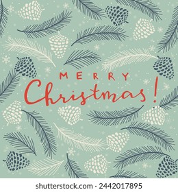 Merry Christmas, Happy New Year greeting card, wrapping paper with lettering. Brochure, poster template in Christmas style. Beautiful design and layout. Seamless winter background. Vector illustration