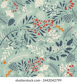 Merry Christmas, Happy New Year seamless pattern with fir cones, spruce branches and berries for greeting cards, wrapping paper. Seamless winter pattern. Vector illustration.