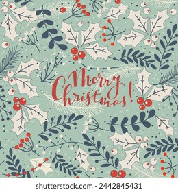Merry Christmas, Happy New Year greeting card, wrapping paper with lettering. Brochure, poster template in Christmas style. Beautiful design and layout. Seamless winter background. Vector illustration
