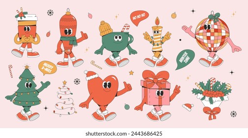 Merry Christmas and Happy New year stickers and packs. Playful and cheeky characters in trendy groovy style. Retro cartoon elements and shapes. Vector illustration