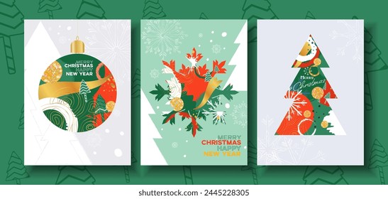 Merry Christmas and Happy New Year 2025 greeting card Set, Modern  design typography  invite posters, template, Layout. Holidays Christmas tree and ball, snowflake  greeting  flat design banner