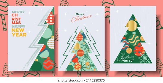 Merry Christmas and Happy New Year  greeting card Set, Modern design typography invite posters, template, Layout. Holidays Christmas tree  greeting flat design, banner