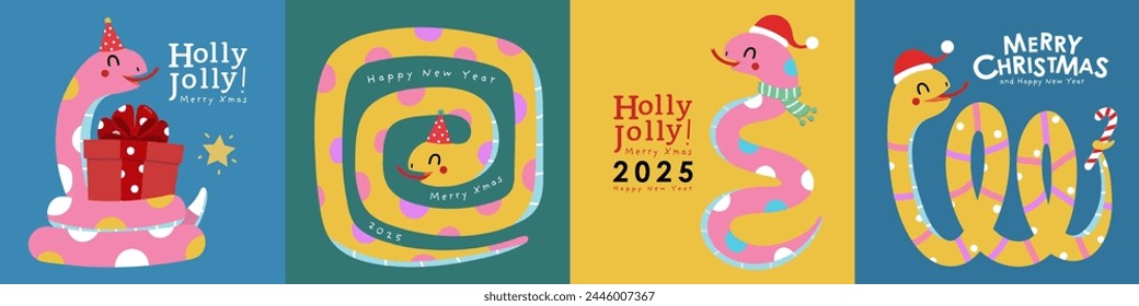 Merry Christmas and happy new year 2025 with cute snake in xmas hat. Animal holidays cartoon character. -Vector