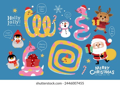 Merry Christmas and happy new year 2025 with cute snake in xmas hat, Santa Claus, reindeer and penguin. Animal holidays cartoon character. -Vector