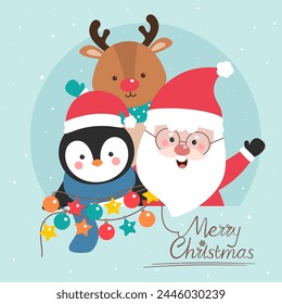 Feliz Navidad y feliz año nuevo con el pingüino y el ciervo de Santa Claus. Anuncio de caricaturas festivas de Navidad. Personaje de dibujos animados de Festiva en la temporada de invierno. 